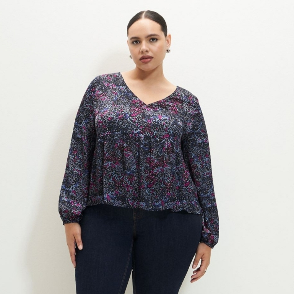 Women's Plus Size Floral Blouse with Balloon Sleeves 2X- Addition Elle